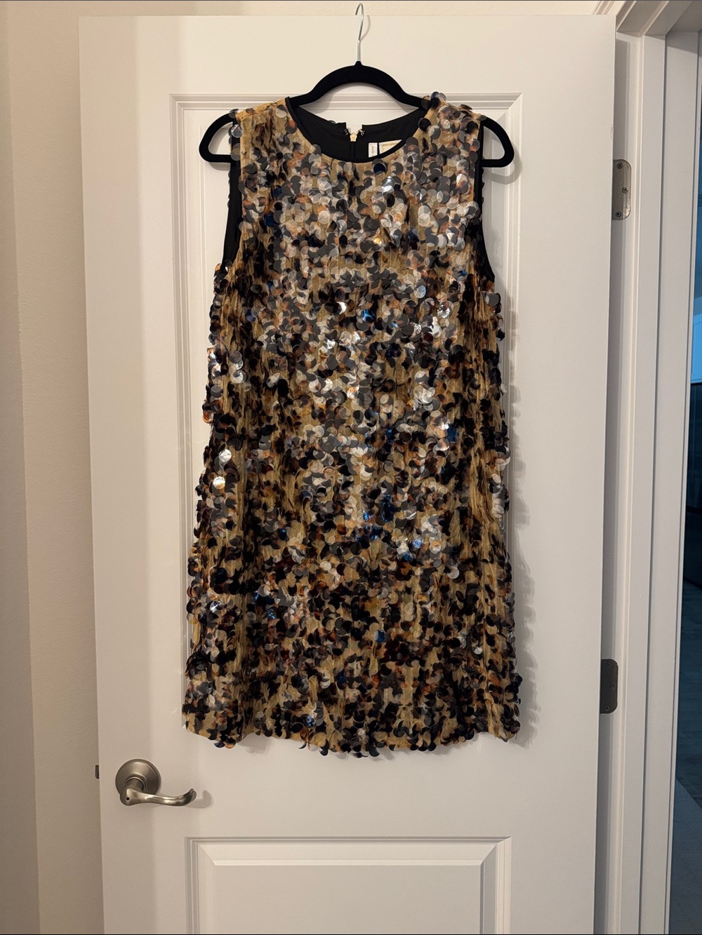 Emily McCarthy Tory Dress Sequined Sleeveless Party Dress in Gold and Black